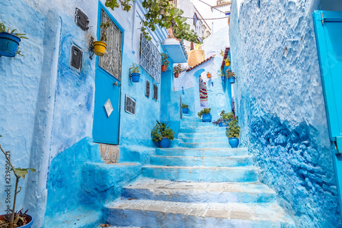 Stairway in the beautiful street of blue medina in city Chefchaouen © matiplanas