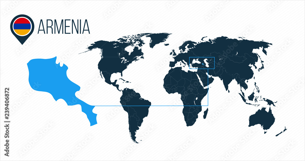 Naklejka premium Armenia location on the world map for infographics. All world countries without names. Armenia round flag in the map pin or marker. vector illustration on stripped background.