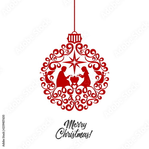 Christmas story. Mary and Joseph with the baby Jesus. Angels herald good news. Stylized Christmas ball.
