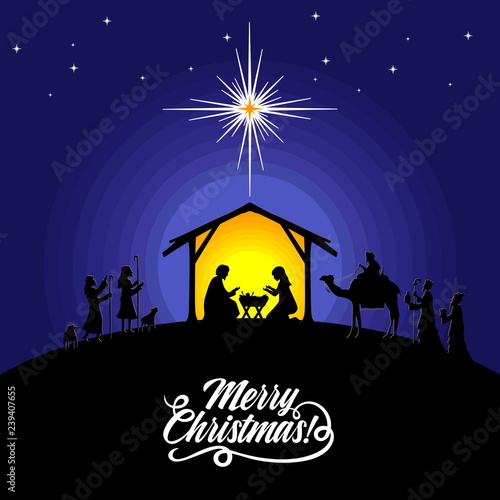 Biblical illustration. Christmas story. Mary and Joseph with the baby Jesus. Nativity scene near the city of Bethlehem. The shepherds and the wise men came to worship the Christ.