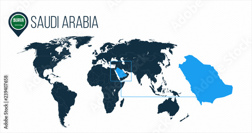 Saudi Arabia location on the world map for infographics. All world countries without names. Saudi Arabia round flag in the map pin or marker. vector illustration on stripped background.
