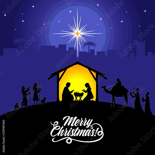 Biblical illustration. Christmas story. Mary and Joseph with the baby Jesus. Nativity scene near the city of Bethlehem. The shepherds and the wise men came to worship the Christ.