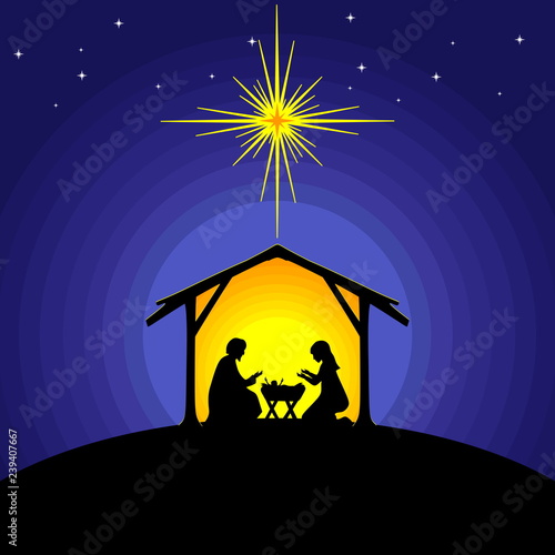 Biblical illustration. Christmas story. Mary and Joseph with the baby Jesus. Nativity scene near the city of Bethlehem.