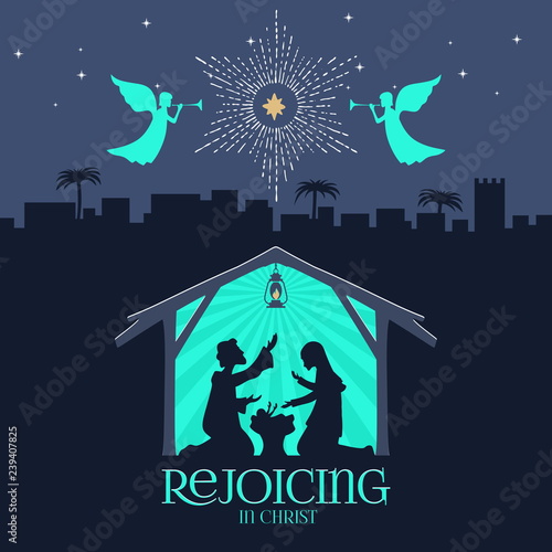 Biblical illustration. Christmas story. Mary and Joseph with the baby Jesus. Nativity scene near the city of Bethlehem.