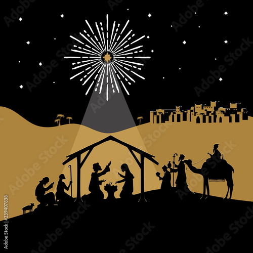 Biblical illustration. Christmas story. Mary and Joseph with the baby Jesus. Nativity scene near the city of Bethlehem. The shepherds and the wise men came to worship the Christ.