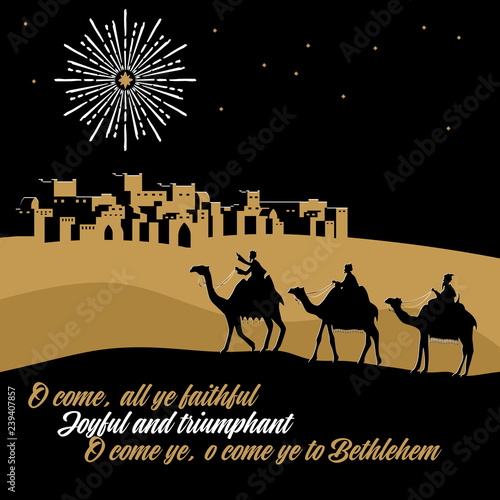 Biblical illustration. The wise men go to Bethlehem to worship the born baby Christ.
