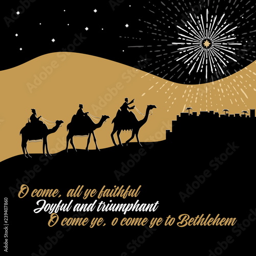 Biblical illustration. The wise men go to Bethlehem to worship the born baby Christ.