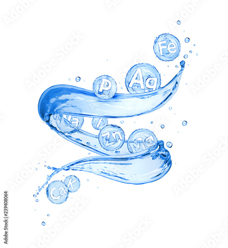 Splashes of water in a swirling shape with abstract images of group of chemical minerals and microelements