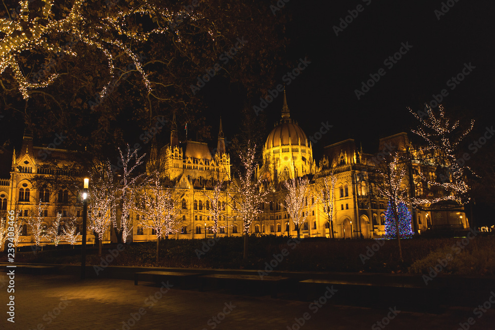 Budapest Parliament at night illuminated at Christmas
