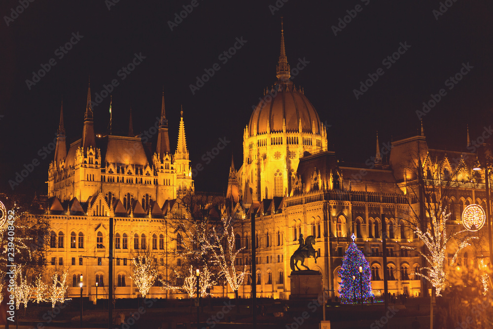Budapest Parliament at night illuminated at Christmas