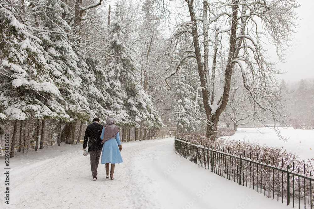 Snowy lovers view from the back, loving couple in winter under christmas Snowy lovers view from the back, loving couple in winter under christmas