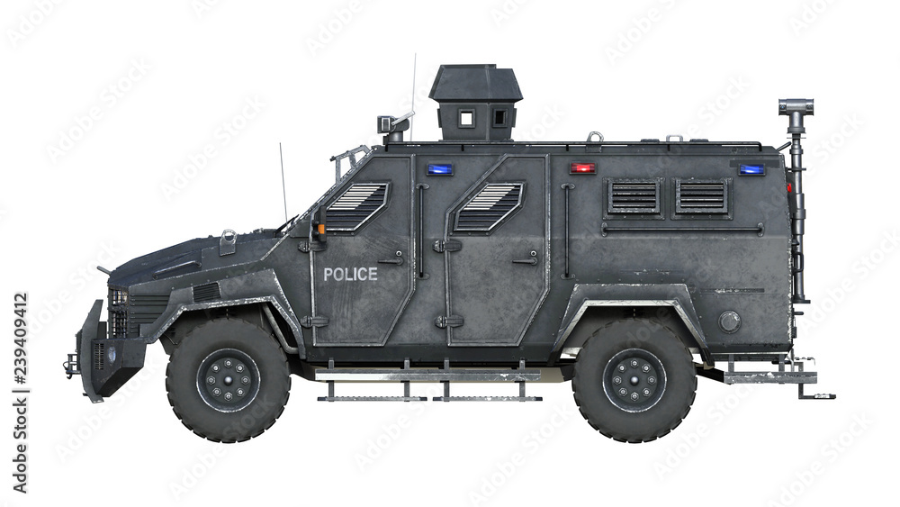 Armored SUV truck, bulletproof police vehicle, law enforcement car isolated on white background, side view, 3D rendering Armored SUV truck, bulletproof police vehicle, law enforcement car isolated on white background, side view, 3D rendering