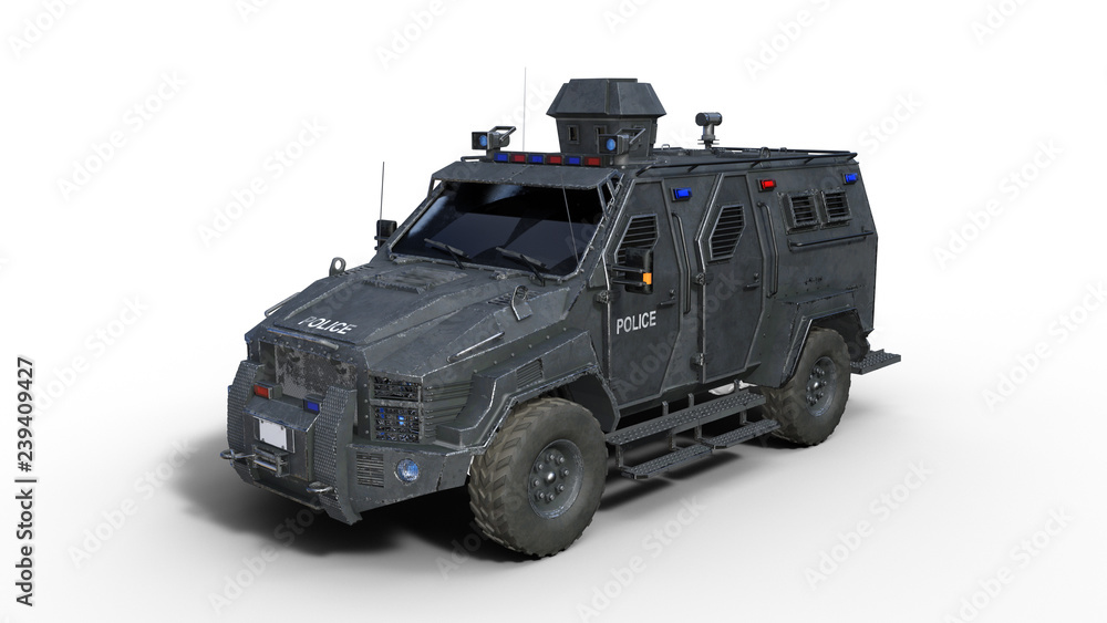 Armored SUV truck, bulletproof police vehicle, law enforcement car isolated on white background, 3D rendering
