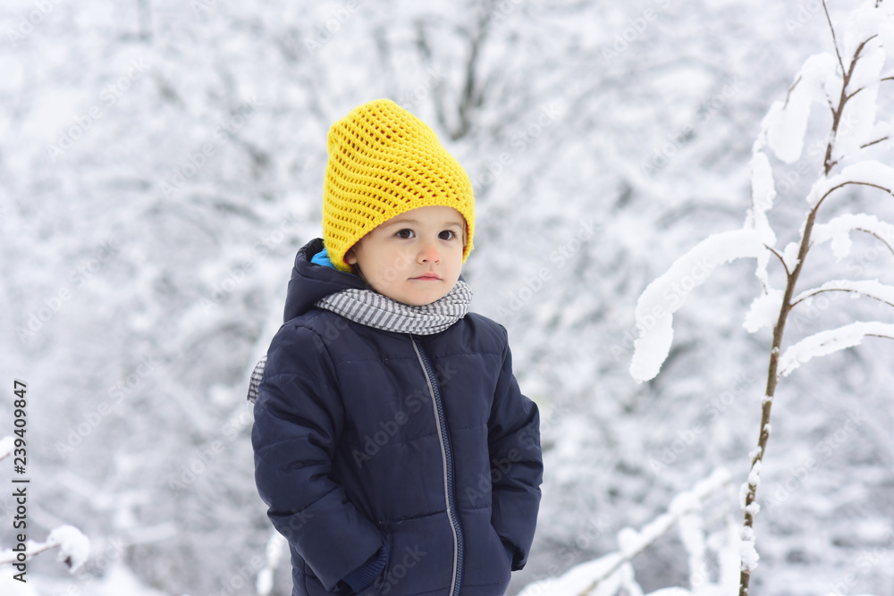 Frozen little boy in the forest. Cold winter, frosty time for outside games. Boy warm hands in his pockets, warm clothes for winter walks. Frozen little boy in the forest. Cold winter, frosty time for outside games. Boy warm hands in his pockets, warm clothes for winter walks.