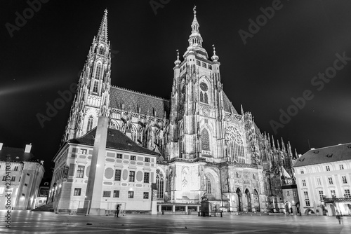 St Vitus Cathedral in Prague Castle by night, Prague, Czech Republic. Black and white image. © pyty