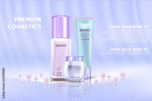 Cosmetic banner with 3d realistic bottles for skincare cream, body lotion, poster template mockup for promoting your brand. Beauty product concept. Containers and tubes decorated with pearls