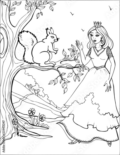  Squirrel with a beautiful Princess. Coloring book. 3