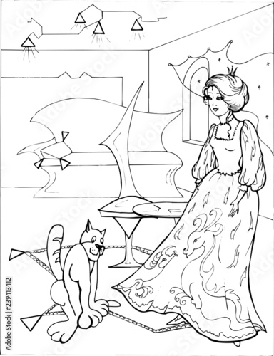 Cat with beautiful Princess. Coloring book 11