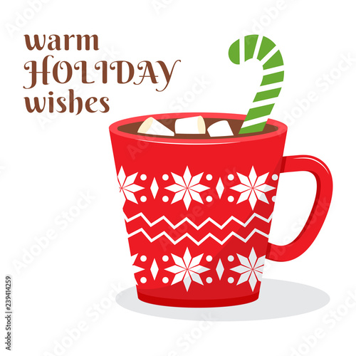 Warm holiday wishes. Cup with hot chocolate and marshmallow. Vector illustration