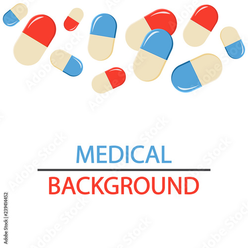 Medical background with falling red and blue pills. Vector illustration