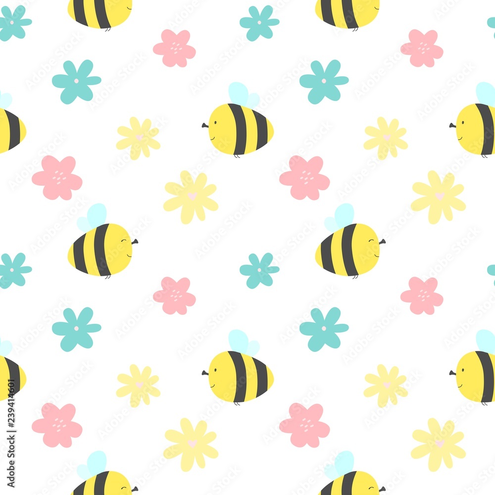 Fototapeta premium Cute seamless pattern with flying bees and flowers. Vector illustration