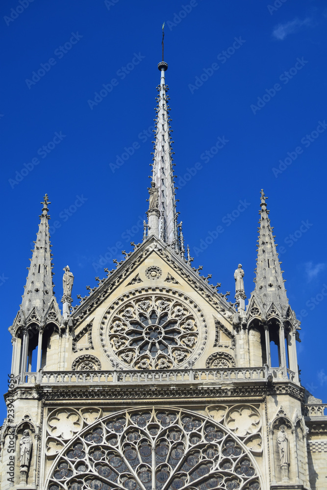 Sculptural and architectural details of the Cathedral of Notre Dame in Paris, France