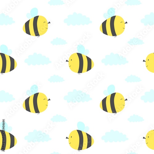 Cute seamless pattern with flying bees and clouds. Vector illustration
