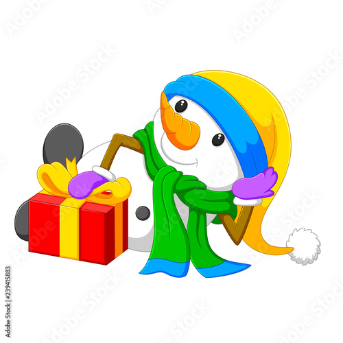 a big snowman is lies near the red big box