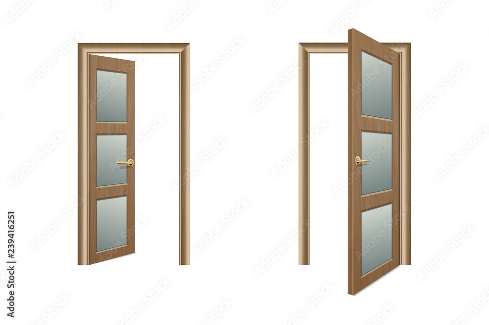 Vector Realistic Different Opened and Closed Brown Wooden Door Icon Set Closeup Isolated on White Background. Elements of Architecture. Design template of Classic Home Door for Graphics. Front View Vector Realistic Different Opened and Closed Brown Wooden Door Icon Set Closeup Isolated on White Background. Elements of Architecture. Design template of Classic Home Door for Graphics. Front View