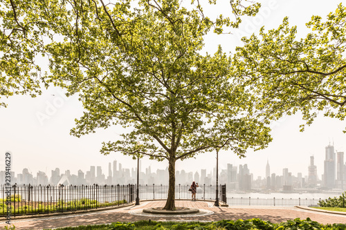 New York City midtown Manhattan skyline panorama view from Boulevard East Hamilton Park over Hudson River. Big tree in Hamilton Park promenade. photo