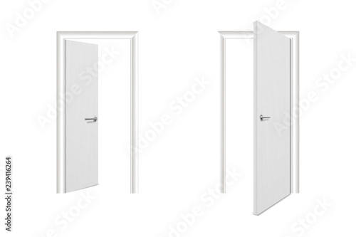 Vector Realistic Different Opened and Closed White Wooden Door Icon Set Closeup Isolated on White Background. Elements of Architecture. Design template of Classic Home Door for Graphics. Front View