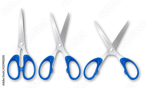 Vector 3d Realistic Metal Closed and Opened Stationery Scissors with Plastic Handles Icon Set Closeup Isolated on White Background. Design Template of Classic Scissors for Graphics, Mockup. Top View