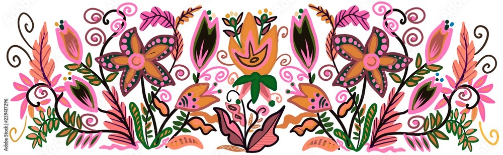 hand drawn botanical floral border in folk art style wide seamless