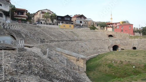 The Roman Amphitheatre And Ruins. Ancient roman city. Roman Empire. Amphitheatre of Durrës, Albania, Europe. Amphitheatrum Dyrrhachium photo