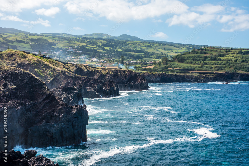 view of the steep coastline at azores islands