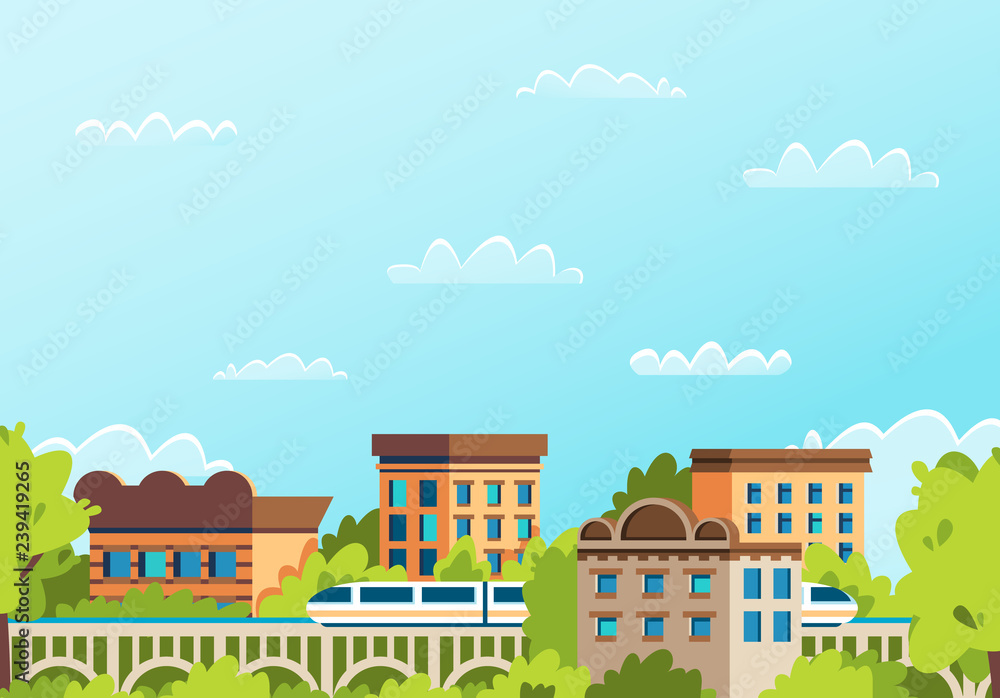 Railway transport of the big city. The electric train travels through the metropolis. Cartoon vector. Railway transport of the big city. The electric train travels through the metropolis. Cartoon vector.