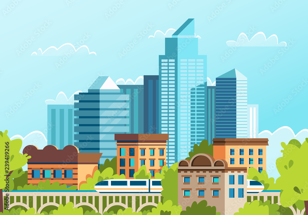 Windows of houses in a big city. Roofs of houses in the metropolis. Cartoon vector.