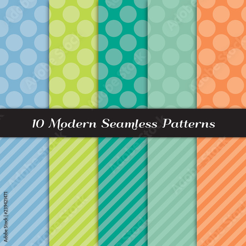Summer Palette Jumbo Polka Dots and Diagonal Stripes Vector Patterns in Coral, Blue, and Mint, Lime and Emerald Greens. Tone on Tone Textile Effect. Repeating Pattern Tile Swatches Included.