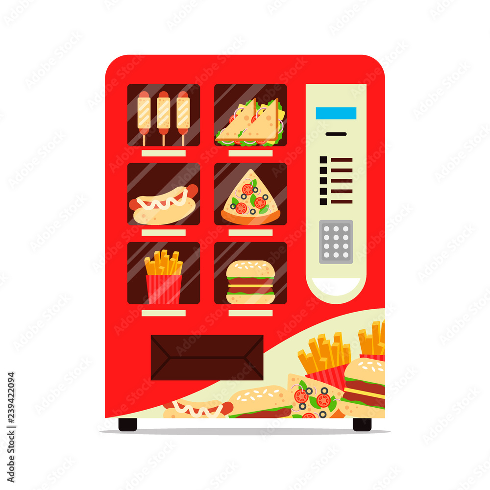 Hot food automatic vending machine with sausage dough sandwich pizza french fries hamburger isolated on white. Red vendor machine front view automatic seller. Meal dispenser flat vector illustration - obrazy, fototapety, plakaty 