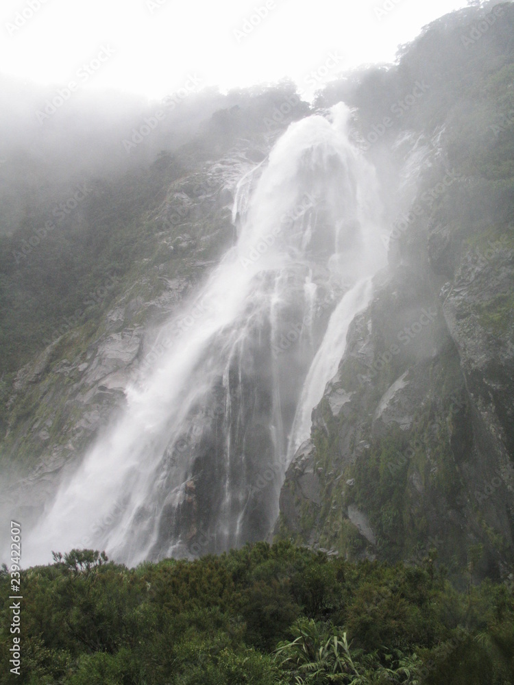 New Zealand. Nature in waterfall Milford Sound. Oceania