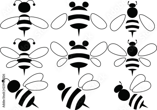 Cute bee silhouette set