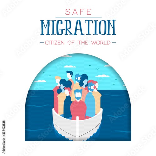 Diverse refugee people on boat for safe migration