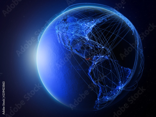 Panama from space on planet Earth with blue digital network representing international communication, technology and travel.