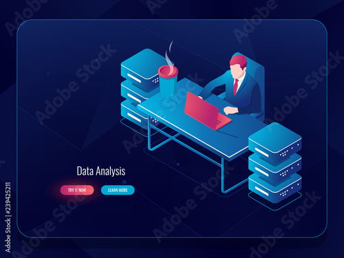 Network server, big data processing, system administrator programmer sitting at the table, future technology, artificial intelligence development AI, dark neon