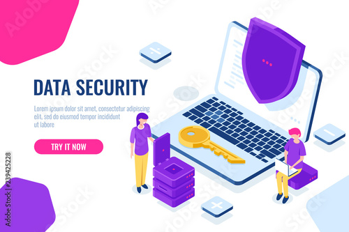 Protection and security of computer data isometric, laptop with shield, man sit on chair with laptop, women engineer, cartoon landing page