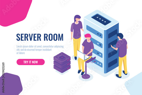 Server room isometric, datacenter and database, working on a common project, teamwork and collaboration, maintain hardware, cartoon people