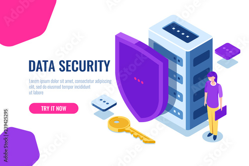 Data security isometric, database icon with shield and key, data lock, personal support of safety, women with laptop in hand, cartoon