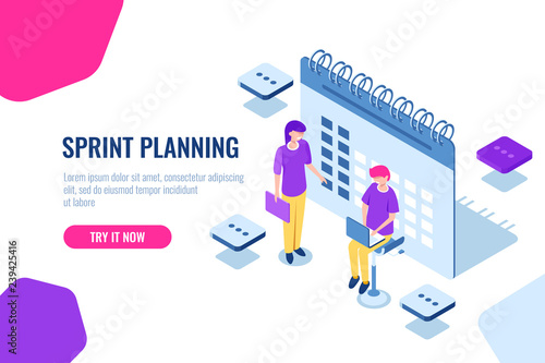 sprint planning isometric concept, calendar filling, important Affairs reminder, organization of tasks, cartoon vector methodology, team, icon, vector