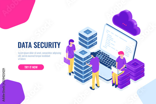 Cloud technology isometric icon, teamwork in datacenter, server room, and database, big data processing, cartoon character vector people