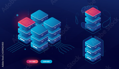 Set of server room element, isometric big data processing, data center database concept, blockchain technology, data encryption, lighting, dark neon vector computing computer